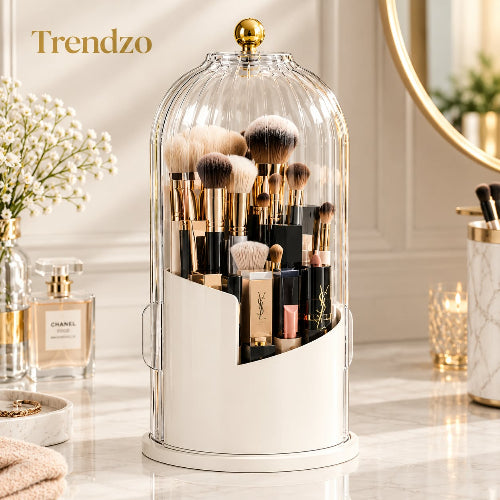 360° Rotating Makeup Brush Holder with Lid – Dustproof Vanity Organizer 
