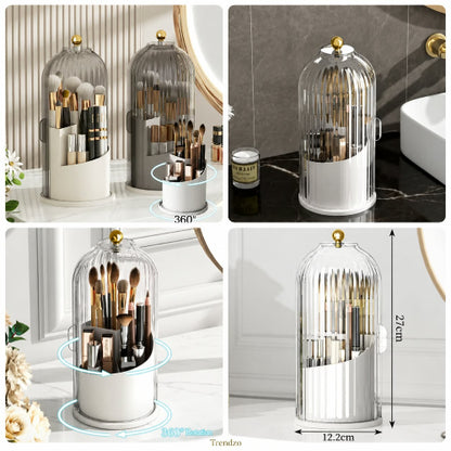 360° Rotating Makeup Brush Holder with Lid – Dustproof Vanity Organizer 
